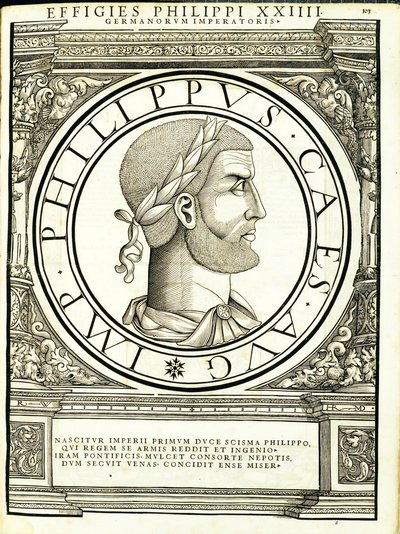 Filippo, illustrazione da Imperatorum romanorum omnium orientalium et occidentalium verissimae imagines ex antiquis numismatis, xilografia di Rudolph Wyssenbach, stampata da Andreas Gesner, Zurigo da Hans Rudolf Manuel Deutsch